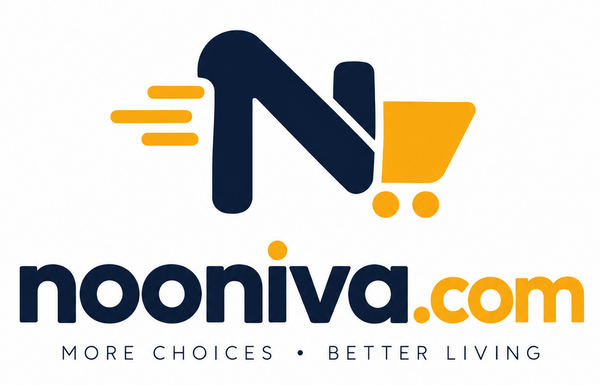 The logo for nooniva.com, featuring a stylized dark blue 'N' with yellow shopping cart and speed lines, above the text 'nooniva.